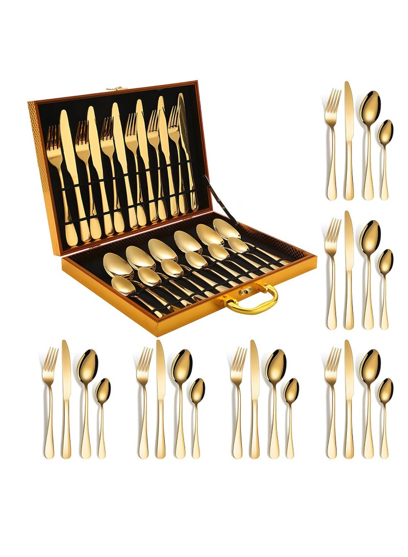 general 24-Piece set of gold tableware with wooden gift box, premium stainless steel tableware set for 6 people, kitchen utensils set with gold knife - Image 1