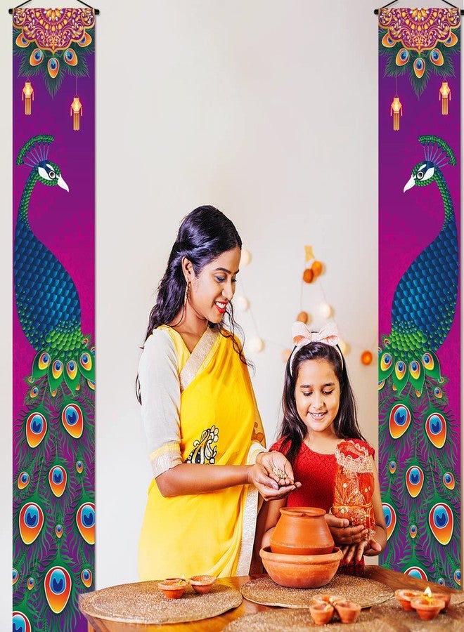 Pudodo Diwali Porch Banner Deepavali Peacock Indian Festival of Lights Party Front Door Sign Wall Hanging Banner Decoration - Image 3