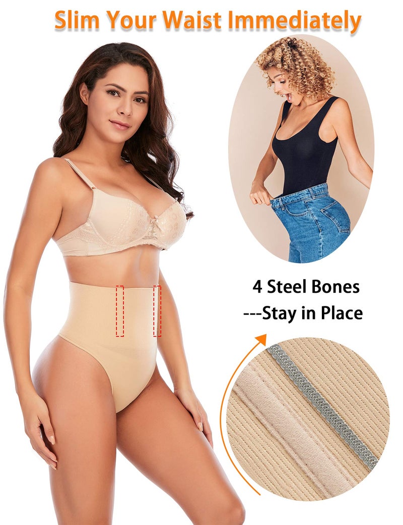 Werena Tummy Control Thong Shapewear for Women Seamless Shaping Thong Panties Body Shaper Underwear(01# Beige-mid Waisted(has Boning),Medium) - Image 3