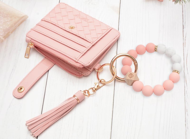 COOLANS Wristlet Bracelet Keychain Pocket Credit Card Holder Purse Tassel Keychain Bangle Key Ring for Women (Silicone Bead Bracelet+Card Purse (Pink)) - Image 4