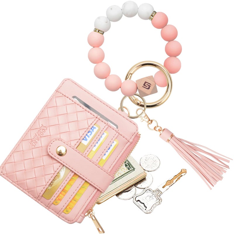 COOLANS Wristlet Bracelet Keychain Pocket Credit Card Holder Purse Tassel Keychain Bangle Key Ring for Women (Silicone Bead Bracelet+Card Purse (Pink)) - Image 1