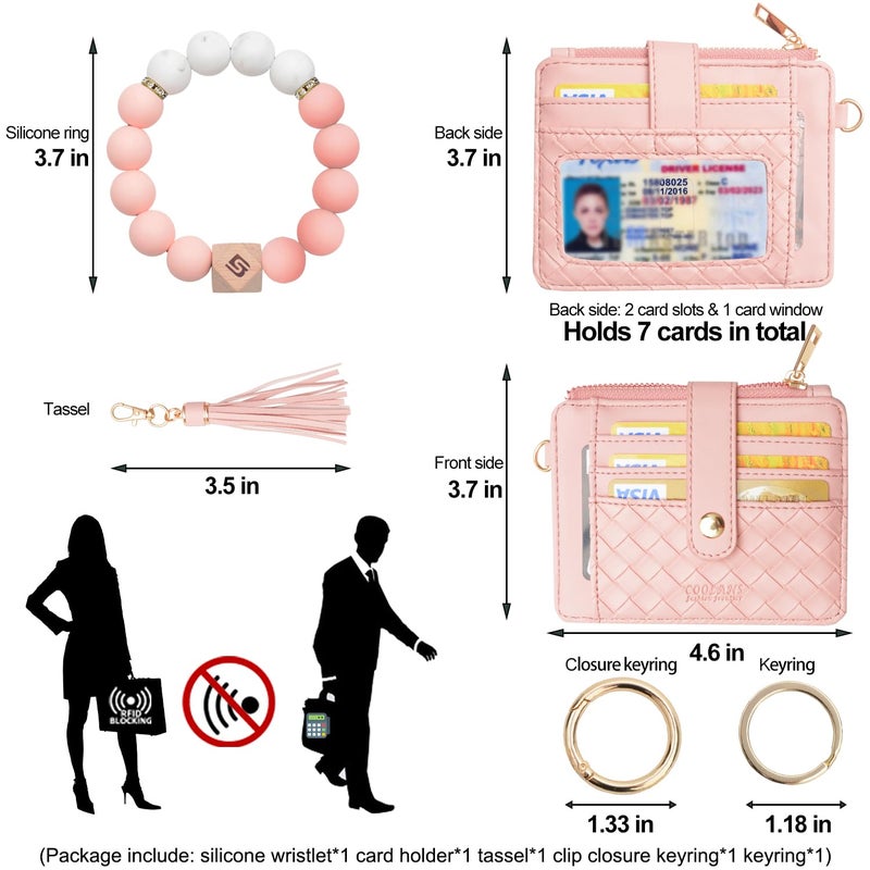 COOLANS Wristlet Bracelet Keychain Pocket Credit Card Holder Purse Tassel Keychain Bangle Key Ring for Women (Silicone Bead Bracelet+Card Purse (Pink)) - Image 2