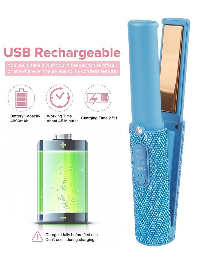 Cordless Rechargeable Hair Straightener, USB Charging Cable Hair Iron, Blue diamond decoration, 3 Fast-Heating Temperature Settings, Portable, anti-slip design, Ideal For Travelling - Image 4