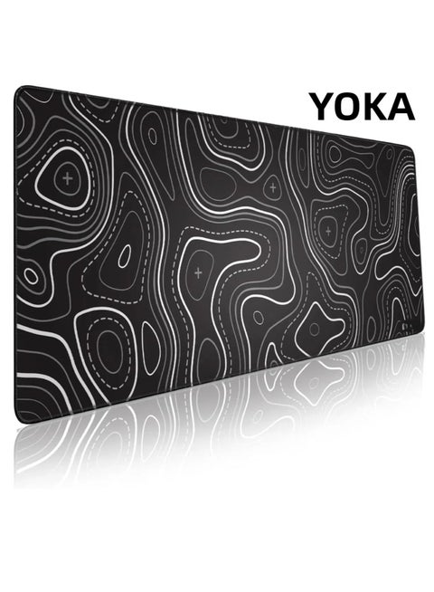 Minimalist Topographic Map Mouse Pad - Contour Extended Large Stitch Edge Mousepad. Black & White Non-Slip XL Gaming Desk Mat