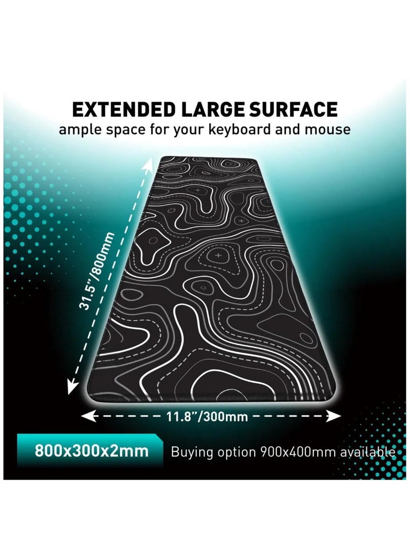 يوكا قاعدة ماوس بتصميم خريطة طبوغرافية مبسطة، قاعدة ماوس بحواف غرز كبيرة ممتدة. قاعدة ماوس للألعاب غير قابلة للانزلاق باللونين الأسود والأبيض مقاس XL مطاط. - Image 3