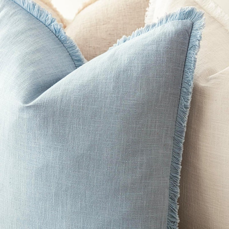 Foindtower Set of 2 Decorative Linen Fringe Throw Pillow Covers Boho Farmhouse Cushion Cover with Tassels Soft Accent Pillowcase for Couch Chair Sofa Bed Living Room Home Decor,22×22 Inch,Sky Blue - Image 4