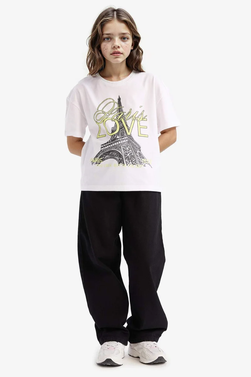 ديفاكتو Girl Relax Fit Crew Neck Slogan Printed T-shirt