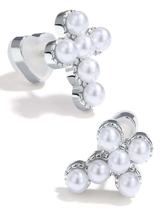 Panstar White Gold Plated Pearl Cross Earrings for Women & Girls, Hypoallergenic Studs with Gift Box, Dainty Religious Christian Jewelry for Baptism First Communion - Image 1