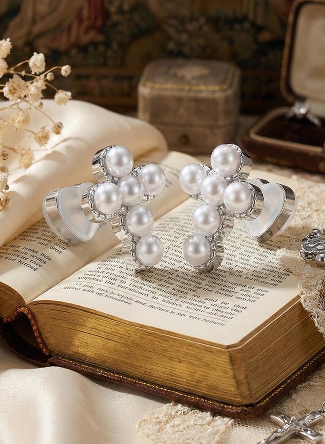 Panstar White Gold Plated Pearl Cross Earrings for Women & Girls, Hypoallergenic Studs with Gift Box, Dainty Religious Christian Jewelry for Baptism First Communion - Image 3