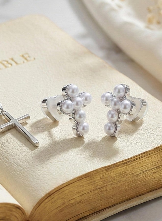 Panstar White Gold Plated Pearl Cross Earrings for Women & Girls, Hypoallergenic Studs with Gift Box, Dainty Religious Christian Jewelry for Baptism First Communion - Image 2