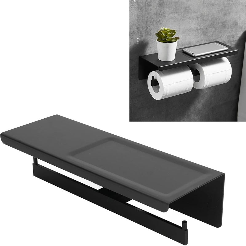 Wall Mount Toilet Paper Holder with Storage Shelf, 2 - in - 1 Bathroom Tissue Holder, Holds Phone and Essentials, for Tile Wood Marble Surfaces, Black - Image 2