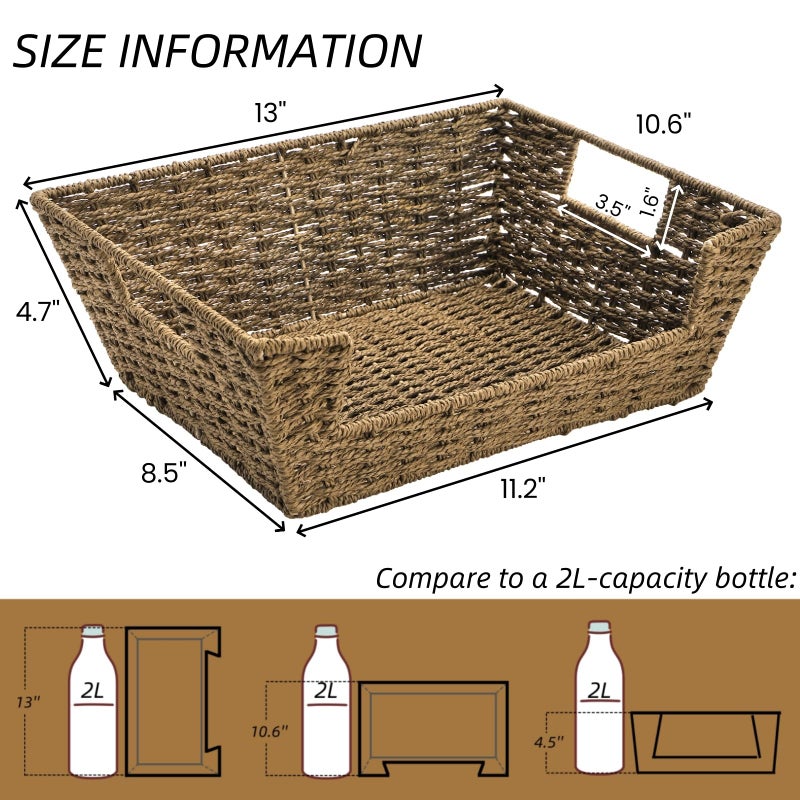 Nagpew 2 Pack Open Front Storage Baskets, Brown Paper Rope Woven Basket with Built-in Handles, 13''W x 10.6''D x 4.7''H Pantry Organzier Bins for Shelf, Bedroom, Living Room, Pantry - Image 2