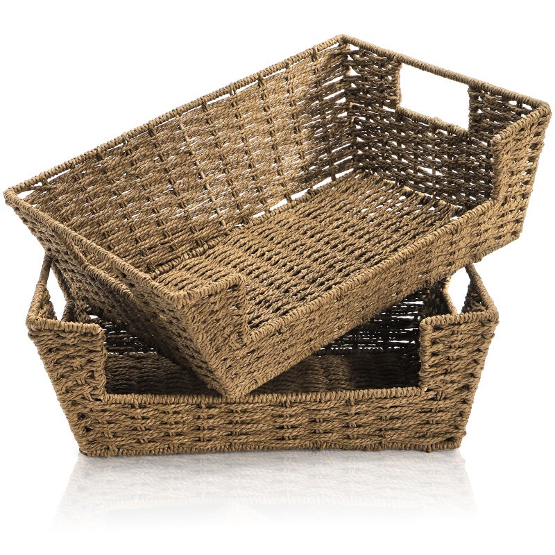 Nagpew 2 Pack Open Front Storage Baskets, Brown Paper Rope Woven Basket with Built-in Handles, 13''W x 10.6''D x 4.7''H Pantry Organzier Bins for Shelf, Bedroom, Living Room, Pantry - Image 1