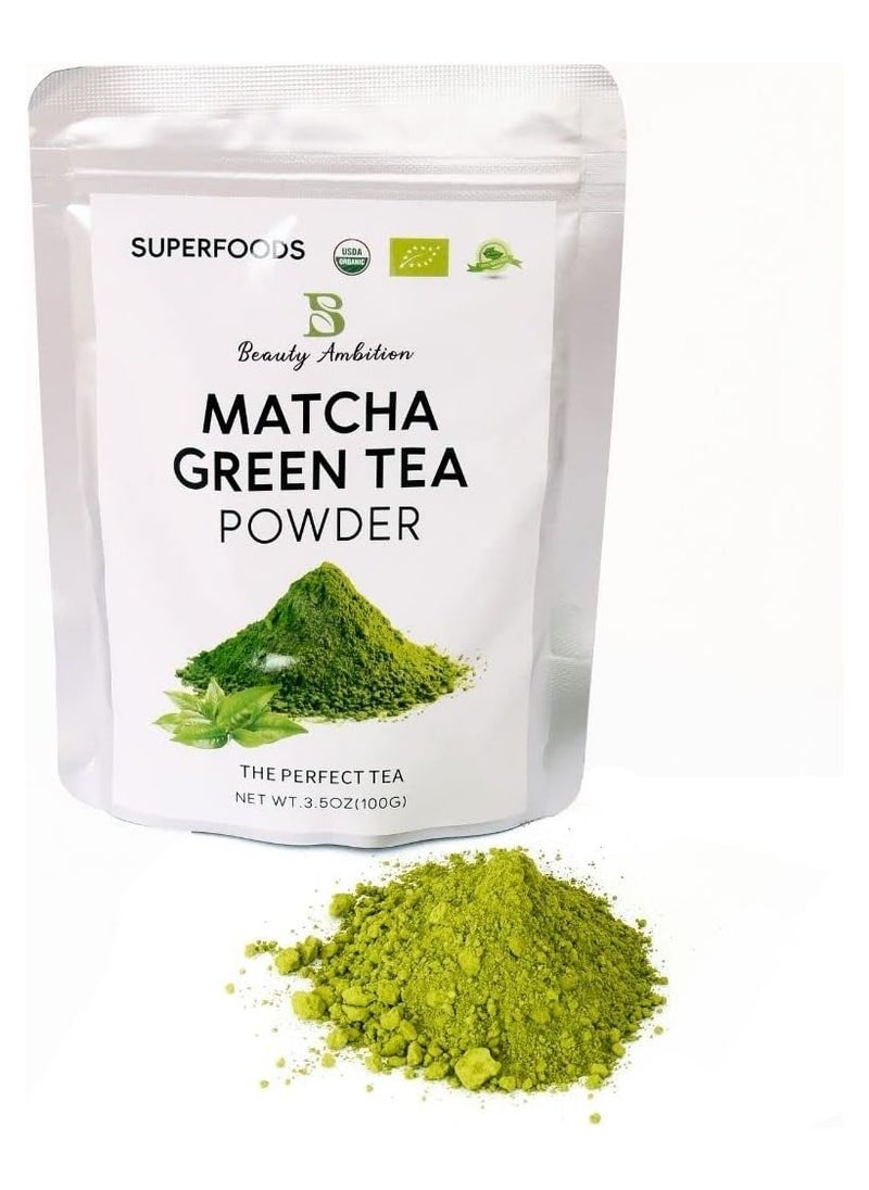 BEAUTY AMBITION - Matcha Green Tea Powder Enriched with Antioxidants and Vitamins to Detoxify, Weight Loss, Metabolism Boost, Anti-Aging, Improved Digestion, Enhanced Brain Function, and Inflammation Reduction 100g - Image 1