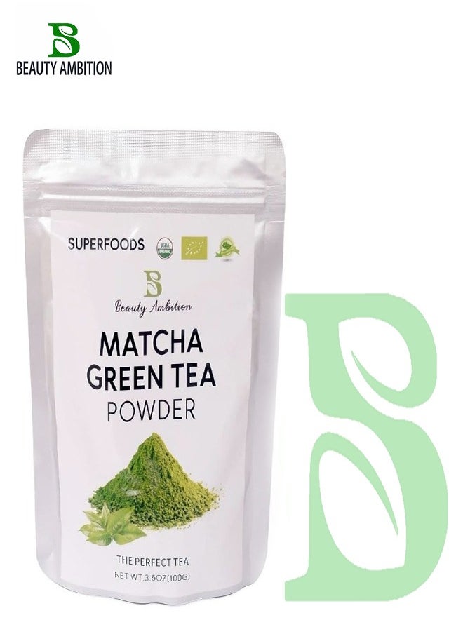 BEAUTY AMBITION - Matcha Green Tea Powder Enriched with Antioxidants and Vitamins to Detoxify, Weight Loss, Metabolism Boost, Anti-Aging, Improved Digestion, Enhanced Brain Function, and Inflammation Reduction 100g - Image 1