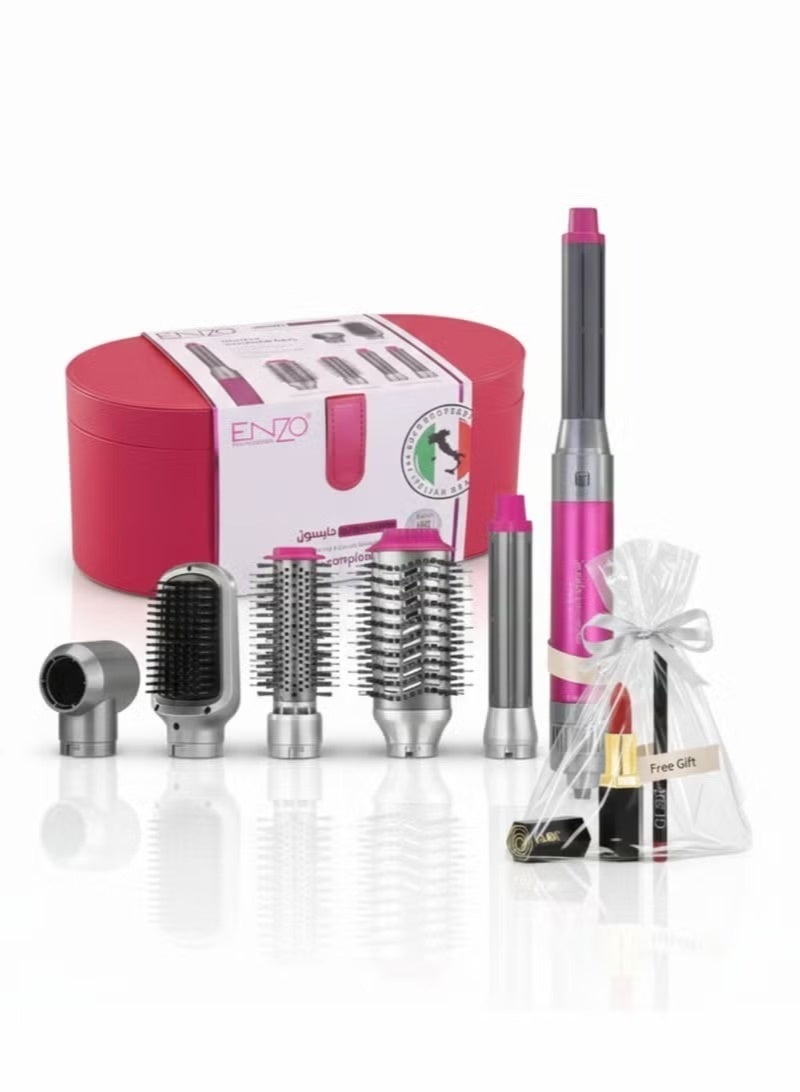 ENZO EN-4133 6-in-1 Electric Hair Styling Tool – Hair Straightener, Curler, Hot Air Brush & One-Step Dryer with Ionic Technology for Salon-Quality Styling at Home | Complimentary Glor Lipstick (Whispering Rose) & Lip Liner (Cremisi) - Image 1