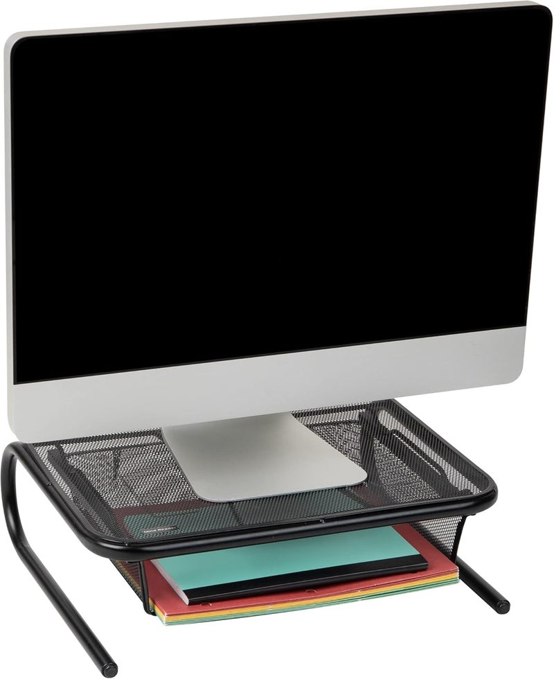 Mind Reader MESHKING-BLK Metal Mesh Monitor Stand Organizer with Storage Papers, Folders, Or Desk Accessories, Black w Drawer - Image 1