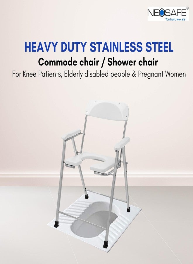 NEOSAFE Premium Folding Stainless Steel Shower Bathing Room Commode Stool Indian Toilet Seat Ideal for Elderly Disabled Men and Pregant Women Support (White) - Image 2