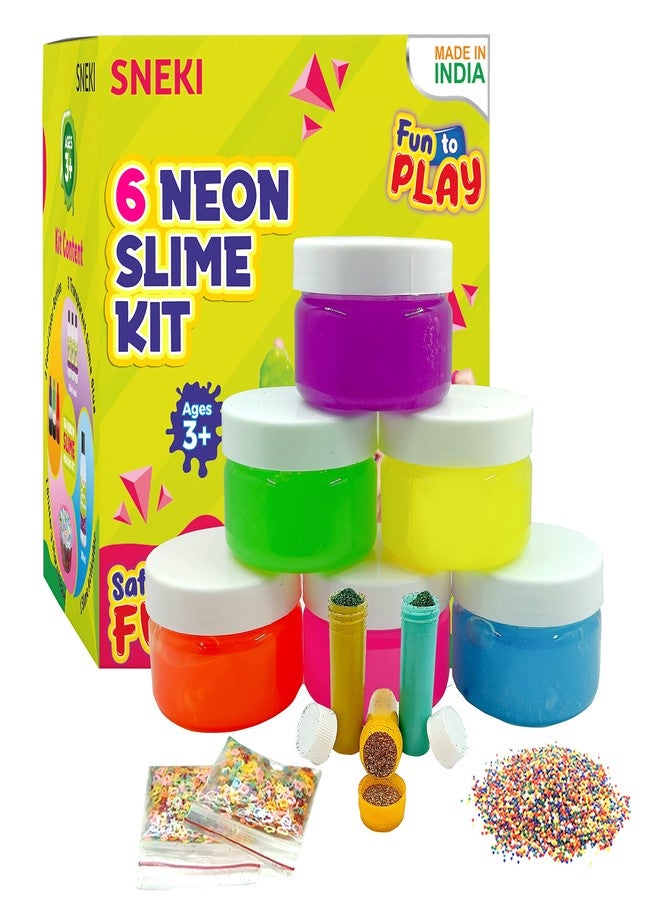 SNEKI 6 Neon Slime Kit Non Sticky Crystal Clay Kids Slime Gel Jelly Putty Toy for Kids Educational Creative DIY Toys Stress Relief Toy Kit for Girls Boys Kids with Glitter Charms Stars Beads Ball Set - Image 1