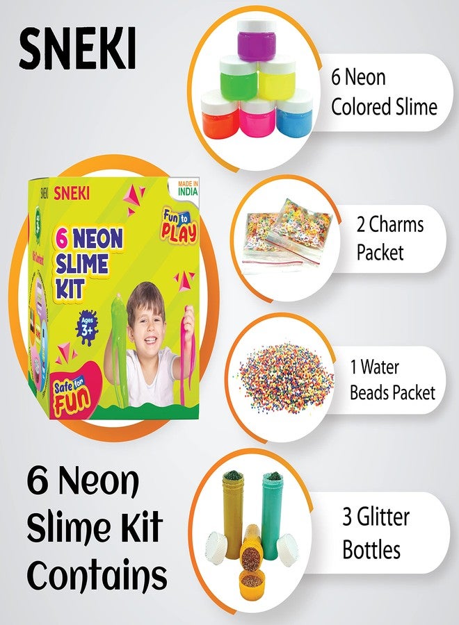 SNEKI 6 Neon Slime Kit Non Sticky Crystal Clay Kids Slime Gel Jelly Putty Toy for Kids Educational Creative DIY Toys Stress Relief Toy Kit for Girls Boys Kids with Glitter Charms Stars Beads Ball Set - Image 2