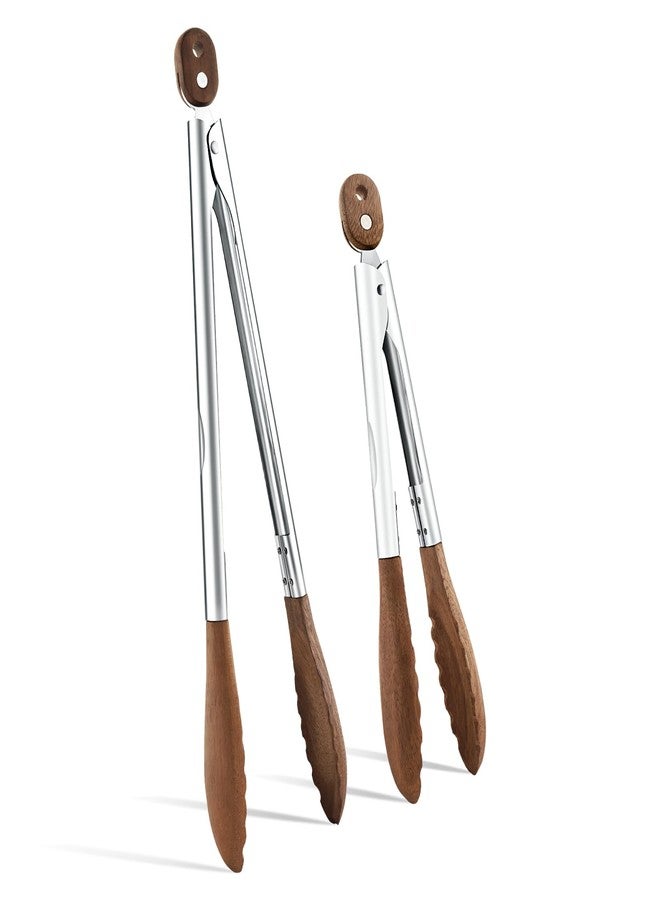 Bakpoco 10 & 13 Inch Wooden Tongs for Cooking, Kitchen Stainless Steel Salad Tongs with Walnut Wood Tip, Serving Food Toaster Bread Non Toxic Grill Tong, Smooth Locking & Hanging Cooking Utensils Set - Image 1