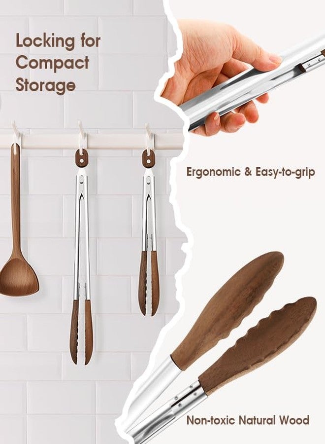 Bakpoco 10 & 13 Inch Wooden Tongs for Cooking, Kitchen Stainless Steel Salad Tongs with Walnut Wood Tip, Serving Food Toaster Bread Non Toxic Grill Tong, Smooth Locking & Hanging Cooking Utensils Set - Image 3