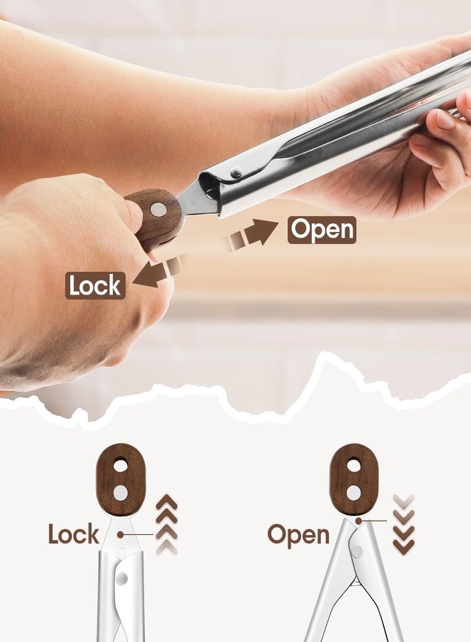 Bakpoco 10 & 13 Inch Wooden Tongs for Cooking, Kitchen Stainless Steel Salad Tongs with Walnut Wood Tip, Serving Food Toaster Bread Non Toxic Grill Tong, Smooth Locking & Hanging Cooking Utensils Set - Image 5
