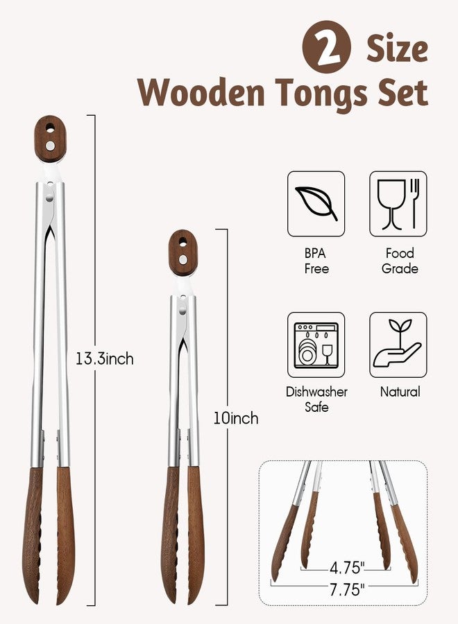 Bakpoco 10 & 13 Inch Wooden Tongs for Cooking, Kitchen Stainless Steel Salad Tongs with Walnut Wood Tip, Serving Food Toaster Bread Non Toxic Grill Tong, Smooth Locking & Hanging Cooking Utensils Set - Image 2
