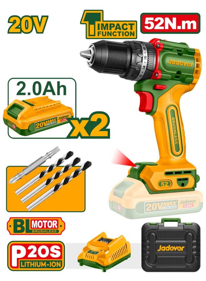 Jadever Brushless Cordless Impact Drill with 2 Batteries & Charger & Carry Case