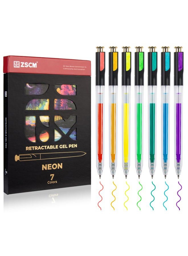 ZSCM Retractable Neon Gel Pens, 7 Colors Large Capacity Ultra Fluorescent Gel Ink Pens for Adult Coloring, 1.0 mm Fine Point Smooth Writing Color Pen for Highlighting Note Taking Aesthetic Art Supplies - Image 1