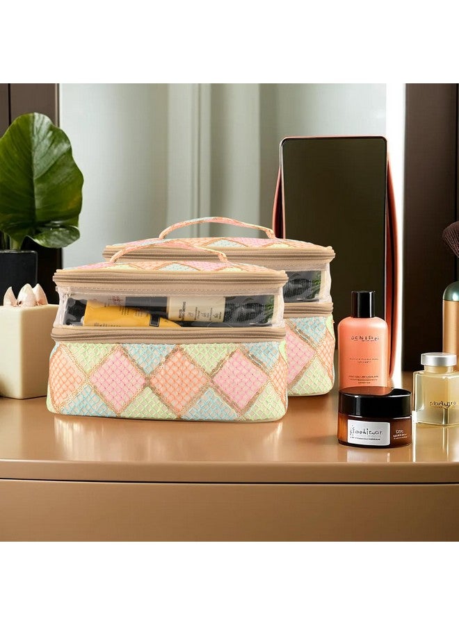 Hearts Pack Of 2 Travel Storage Organizer | Dual Layer Cosmetic Bag With Handle | Visible Window Jewellery Kit | Toiletries Storage Bag | Travel Makeup Pouch | Check Tiklidesign | Cream - Image 1