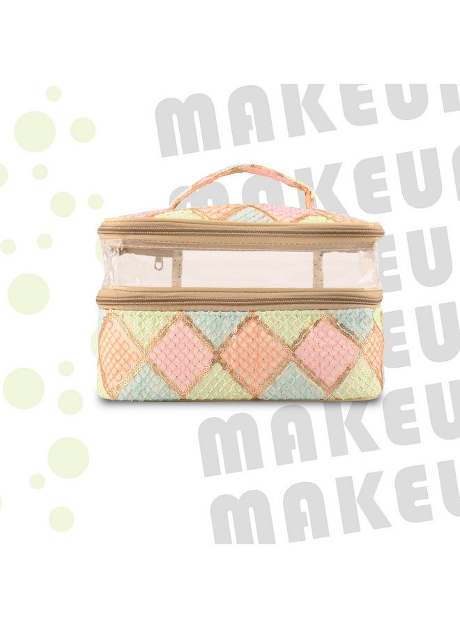 Hearts Pack Of 2 Travel Storage Organizer | Dual Layer Cosmetic Bag With Handle | Visible Window Jewellery Kit | Toiletries Storage Bag | Travel Makeup Pouch | Check Tiklidesign | Cream - Image 2