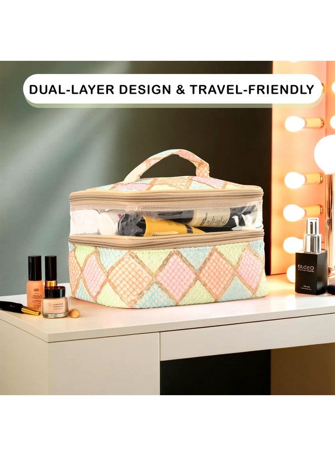 Hearts Pack Of 2 Travel Storage Organizer | Dual Layer Cosmetic Bag With Handle | Visible Window Jewellery Kit | Toiletries Storage Bag | Travel Makeup Pouch | Check Tiklidesign | Cream - Image 4