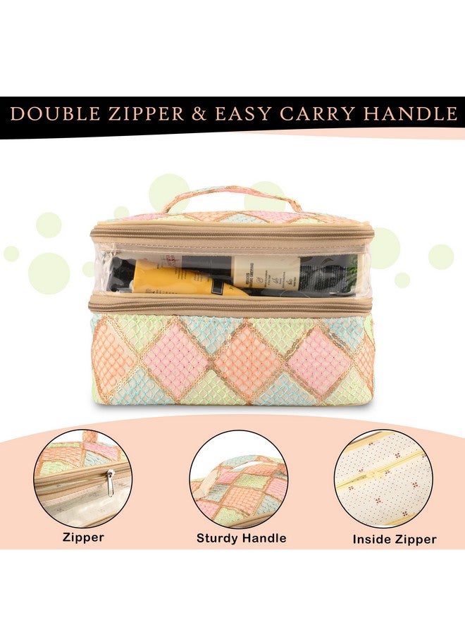 Hearts Pack Of 2 Travel Storage Organizer | Dual Layer Cosmetic Bag With Handle | Visible Window Jewellery Kit | Toiletries Storage Bag | Travel Makeup Pouch | Check Tiklidesign | Cream - Image 5