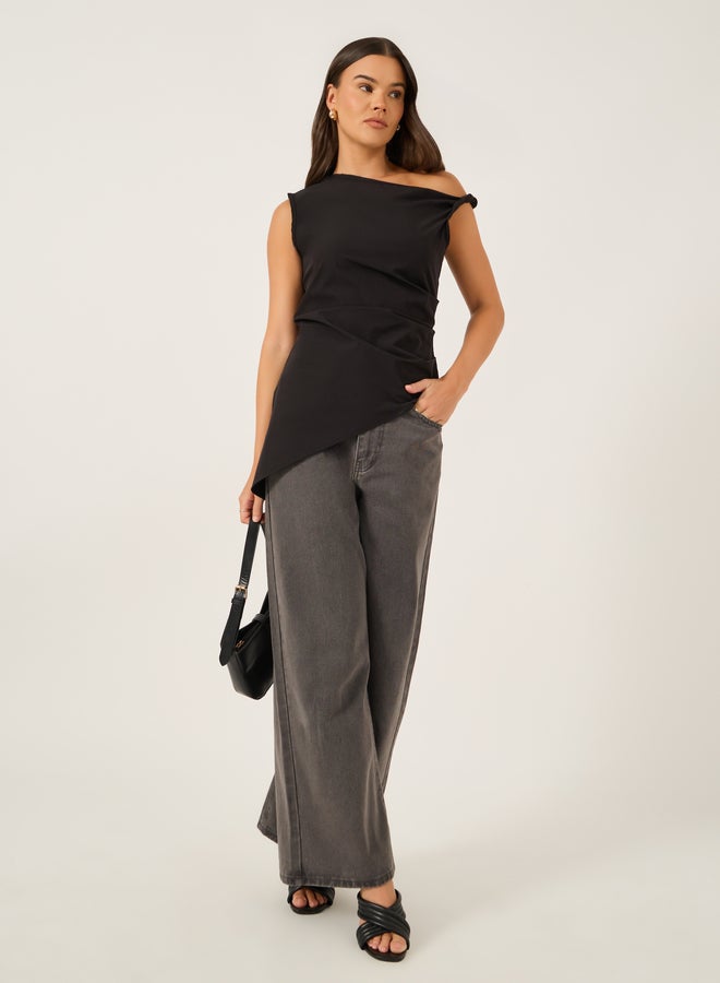 Styli Solid Asymmetric Hem One Shoulder Sleeveless Top  - Image 2