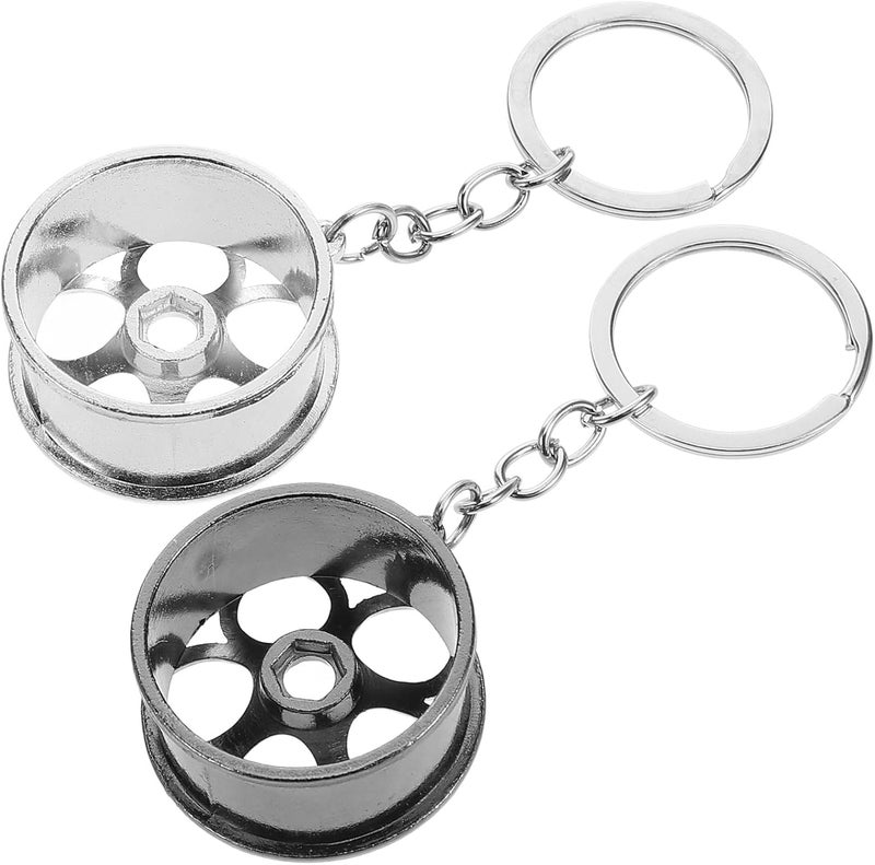 Car Wheel Rim Keychain Alloy Metal Keyring with Silver and Gun Black Finish, Small Mens Key Chain Accessory for Car Keys, Backpacks, and Keychain Decoration - Image 1