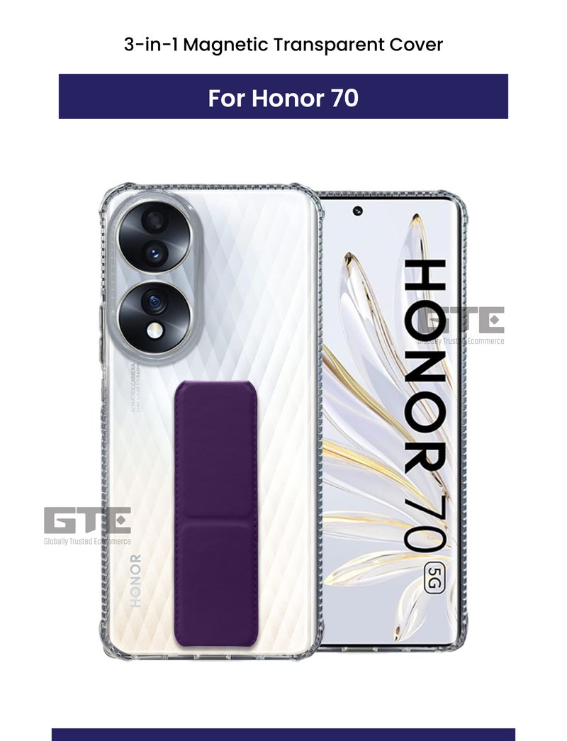 3-in-1 Magnetic Transparent Wrist Strap Hand Grip Stand Back Case Cover for Honor 70 5G, Finger Grip Soft Cover,Stand Holder TPU Case,Kickstand-Clear/Dark Purple