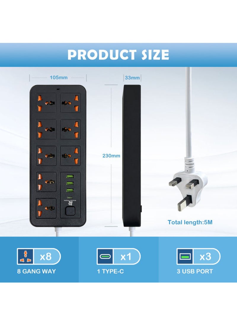Rock Pow 2 Meters Universal Extension Lead with Multiple Function UK Plug 3 Pin Socket Outlet with 8 Gang 3 USB Port 1 Type-C Port 2M Electric Socket Mains Strip for Home Kitchen and Office  - Image 2