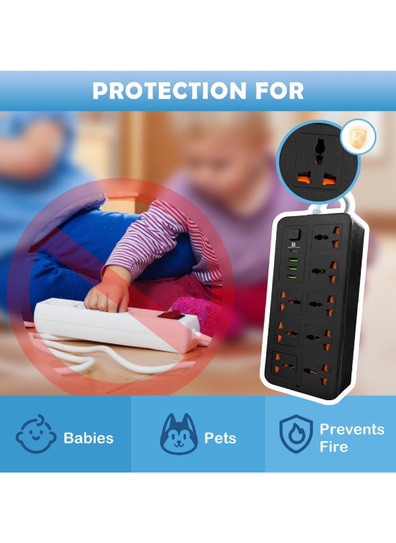Rock Pow 2 Meters Universal Extension Lead with Multiple Function UK Plug 3 Pin Socket Outlet with 8 Gang 3 USB Port 1 Type-C Port 2M Electric Socket Mains Strip for Home Kitchen and Office  - Image 4