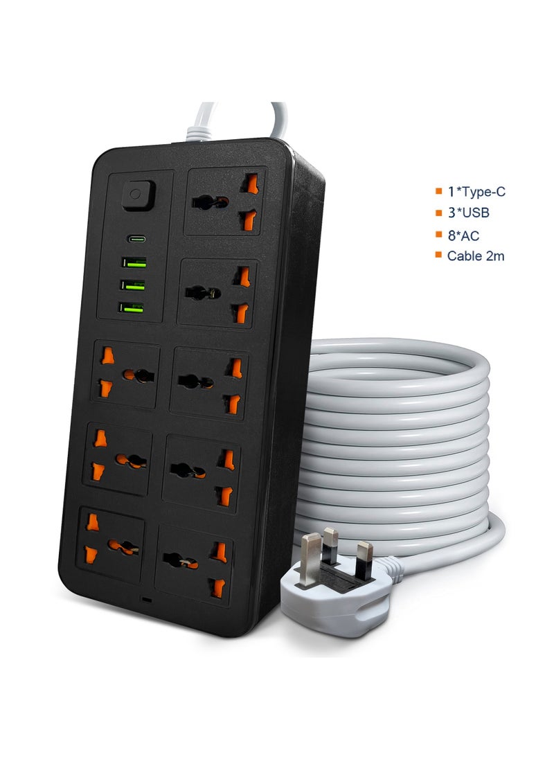 Rock Pow 2 Meters Universal Extension Lead with Multiple Function UK Plug 3 Pin Socket Outlet with 8 Gang 3 USB Port 1 Type-C Port 2M Electric Socket Mains Strip for Home Kitchen and Office  - Image 1