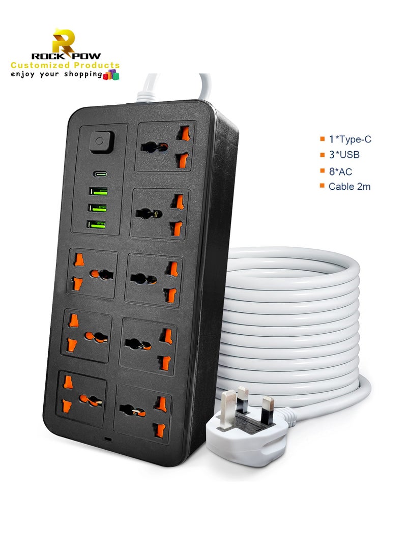 Rock Pow 2 Meters Universal Extension Lead with Multiple Function UK Plug 3 Pin Socket Outlet with 8 Gang 3 USB Port 1 Type-C Port 2M Electric Socket Mains Strip for Home Kitchen and Office - Image 1