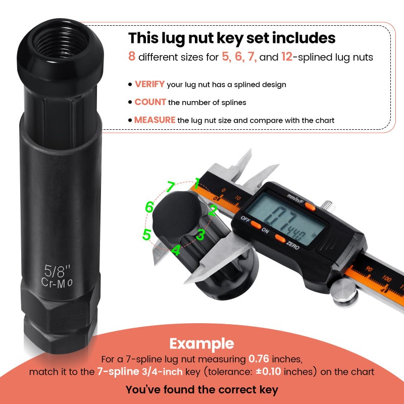 REBRA 6 Spline & 7 Spline Lug Nut Socket Set, Drive Wheel Lock Key, Locking Nut Removal Tool for Easy Installation on Aftermarket Rims (8-Pieces) - Image 2