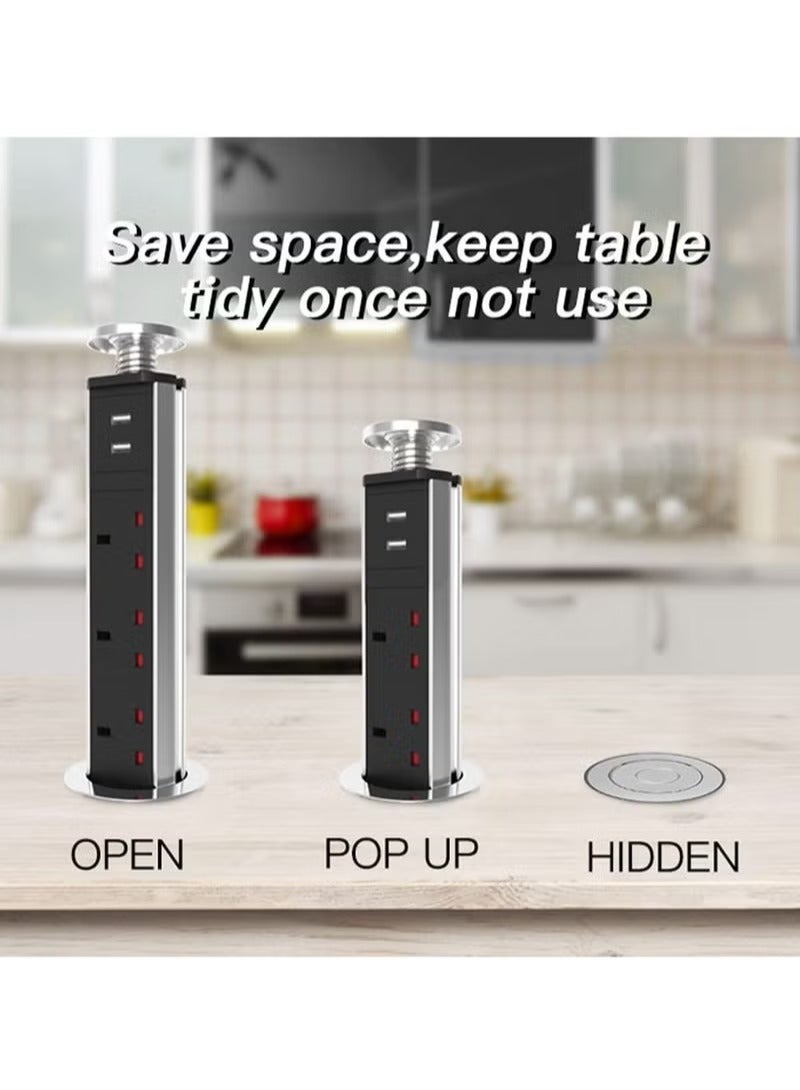 Pop up socket , Pull Electrical Plug Socket Extension with 3 UK Sockets u0026 2 USB Charger Ports for Home Office Kitchen Worktops Desktop, Aluminum Alloy Shell, 1.8 m Cord - Image 2