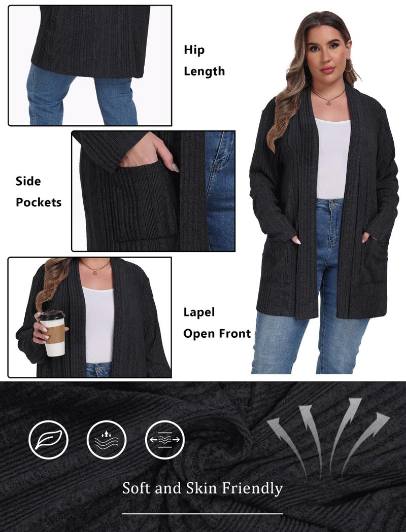 OLRIK Plus Size Cardigan for Women Long Sleeve Open Front Easy to Wear Casual Knit Sweaters with Pockets Loose Outwear Black-2X - Image 3