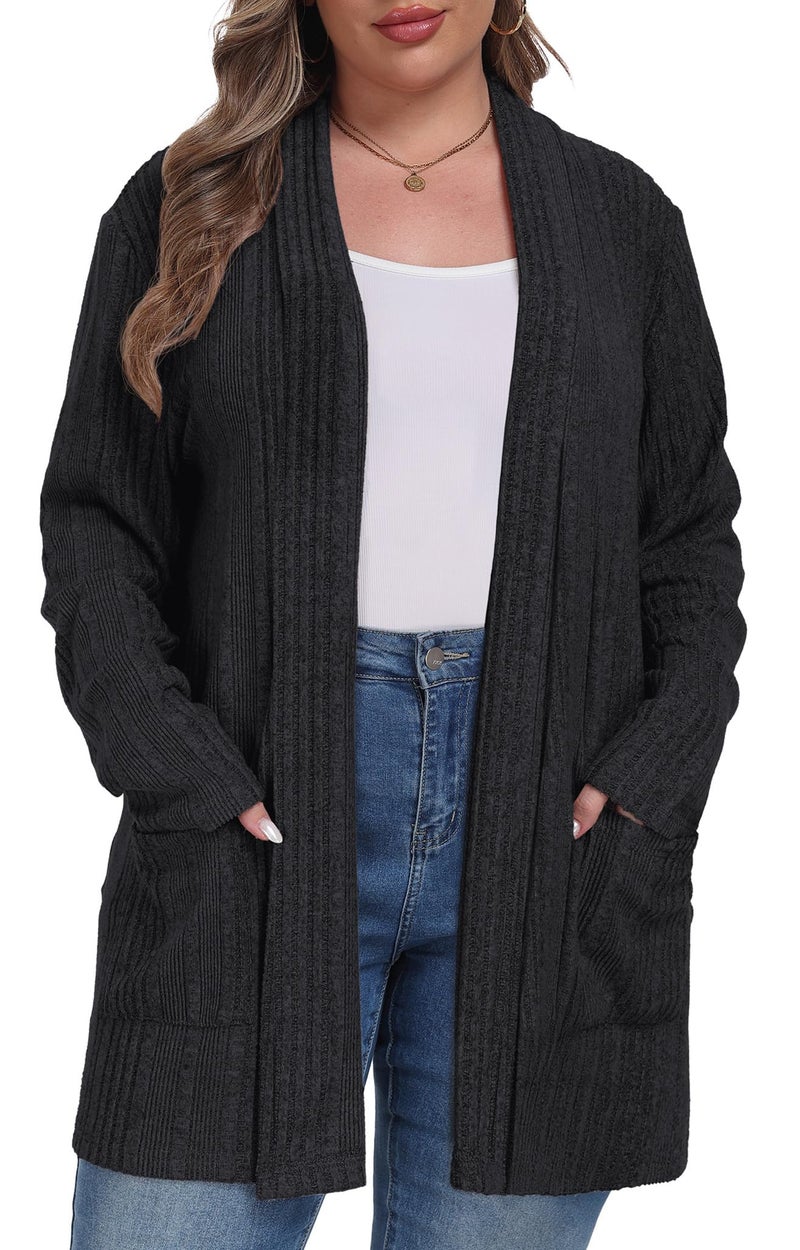 OLRIK Plus Size Cardigan for Women Long Sleeve Open Front Easy to Wear Casual Knit Sweaters with Pockets Loose Outwear Black-2X - Image 1