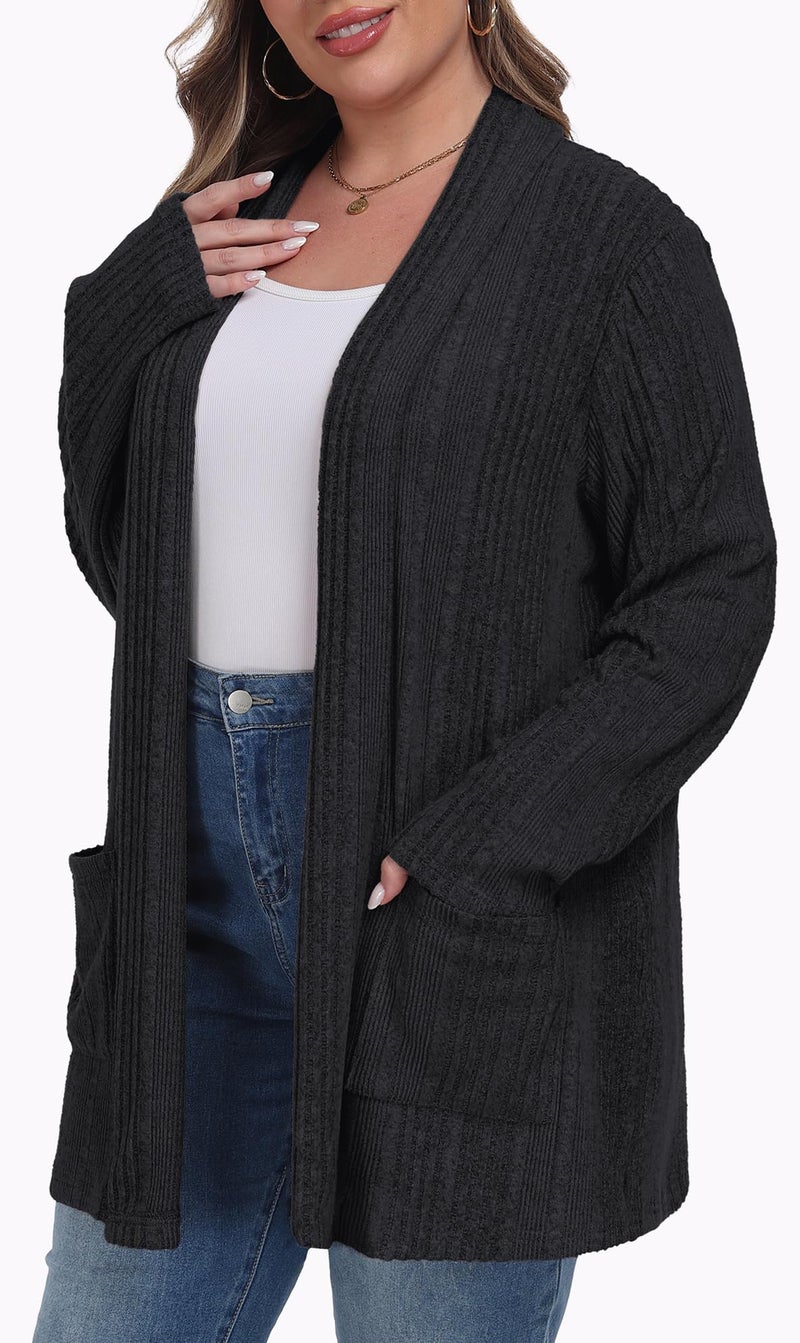 OLRIK Plus Size Cardigan for Women Long Sleeve Open Front Easy to Wear Casual Knit Sweaters with Pockets Loose Outwear Black-2X - Image 2