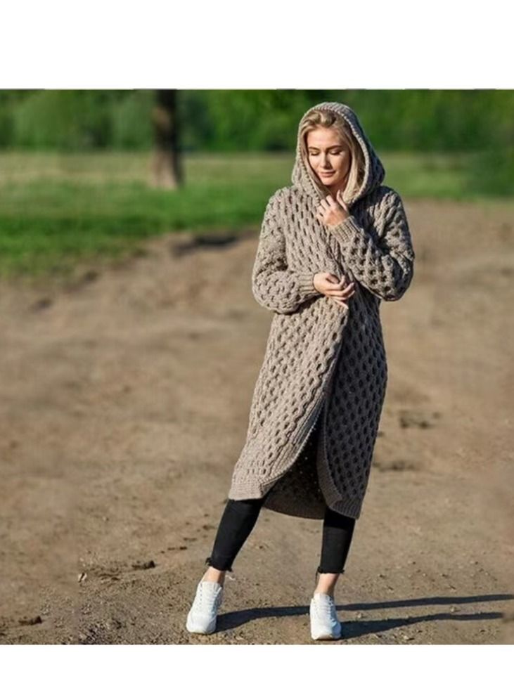 Loquat Autumn And Winter Warm New Solid Color Women's Long Knit Hooded Cardigan Coat