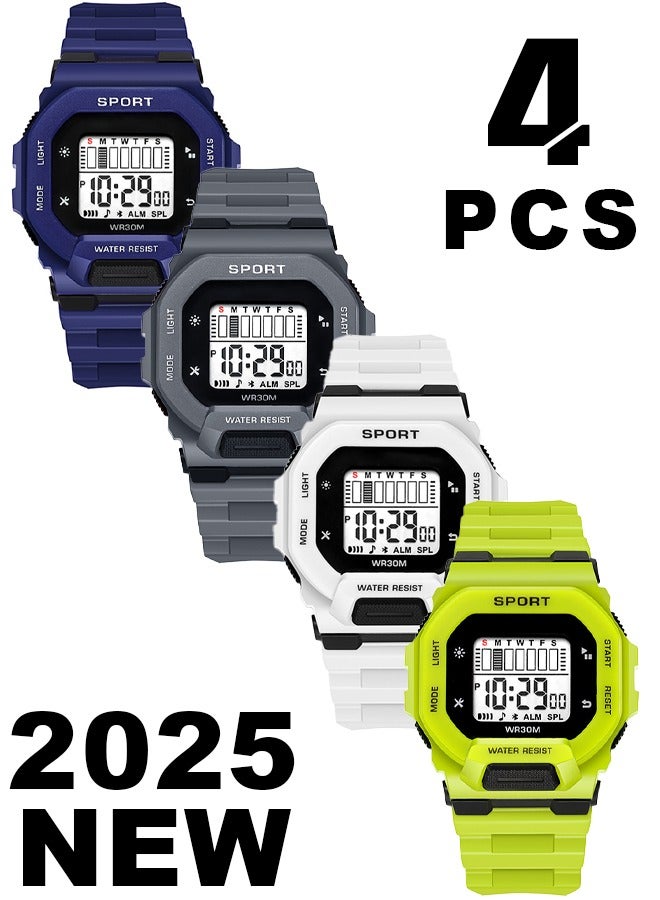 Coobos 4pcs Kids Watch Boys Girls,Multifunctional Waterproof Watch For Kids,Digital Watch For Timing（Grey Blue White Green）  - Image 1