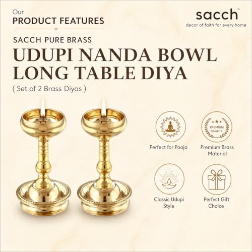 SACCH Signature Udupi Nanda Pure Brass Diya (Set of 2) | 4.25 Inch Heavy Density (500g) | Premium Handcrafted Long Table Pooja Deepam for Mandir, Traditional Diwali Home Decor & Gifting - Image 3