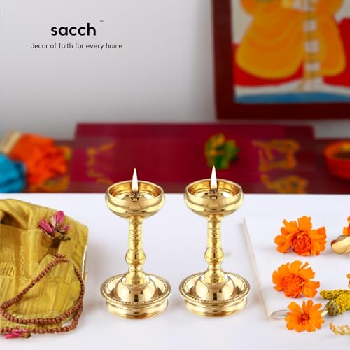 SACCH Signature Udupi Nanda Pure Brass Diya (Set of 2) | 4.25 Inch Heavy Density (500g) | Premium Handcrafted Long Table Pooja Deepam for Mandir, Traditional Diwali Home Decor & Gifting - Image 5